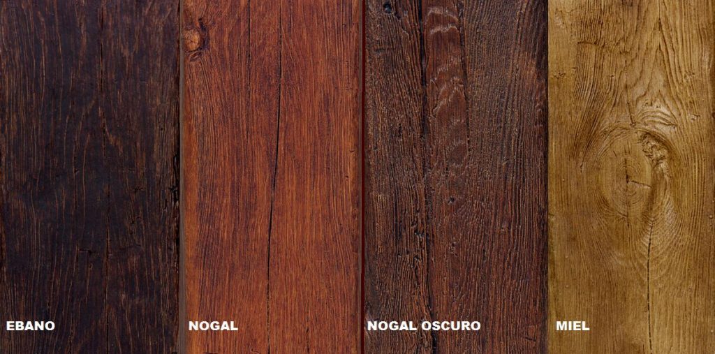 Muestras de color de vigas de poliuretano: ébano, nogal, nogal oscuro y miel