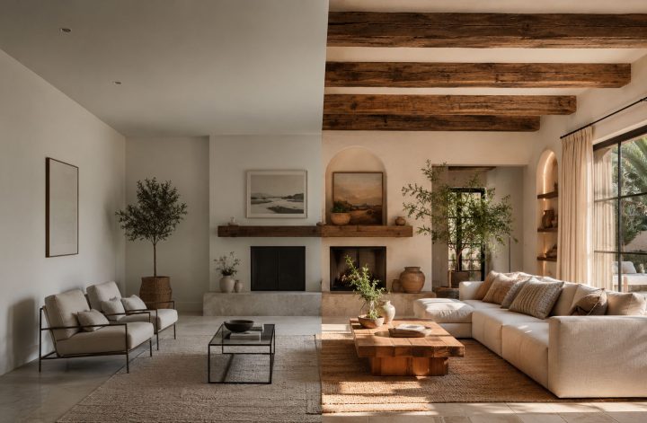 Decoración rústica con vigas de imitación madera antes y después real